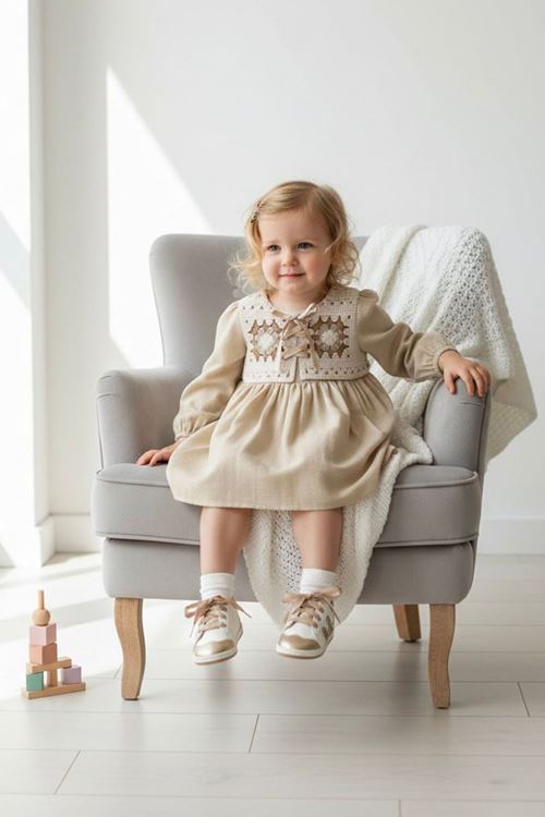 Miniğimin Cicileri (9-24 Ay) Vintage Nakışlı Yaka Detaylı Fiyonklu Kız Bebek Elbise - Krem