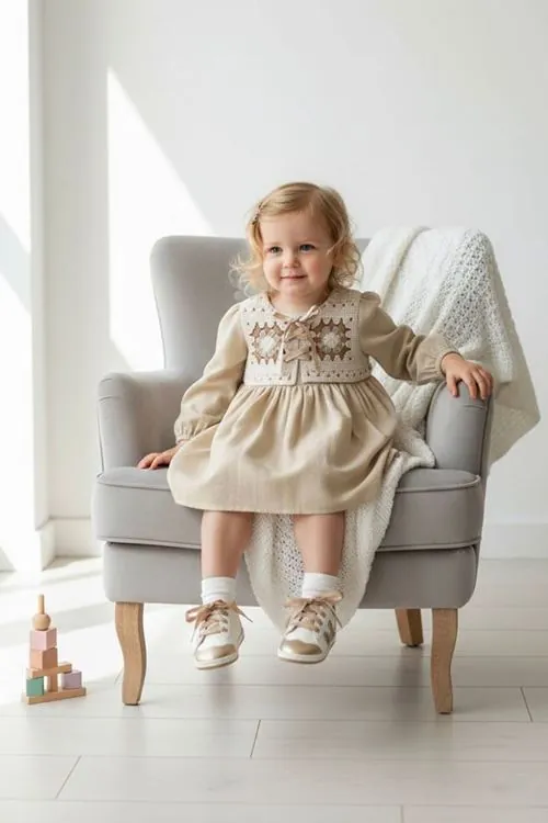 Miniğimin Cicileri (9-24 Ay) Vintage Nakışlı Yaka Detaylı Fiyonklu Kız Bebek Elbise - Krem