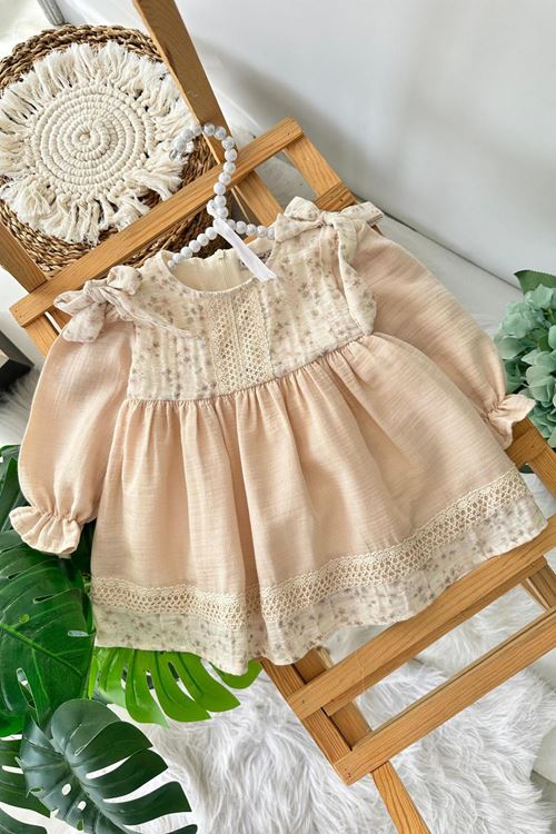 Miniğimin Cicileri (9-24 Ay) Çiçek Dokulu Vintage Müslin Yaka Detaylı Kız Bebek Elbise - Pudra