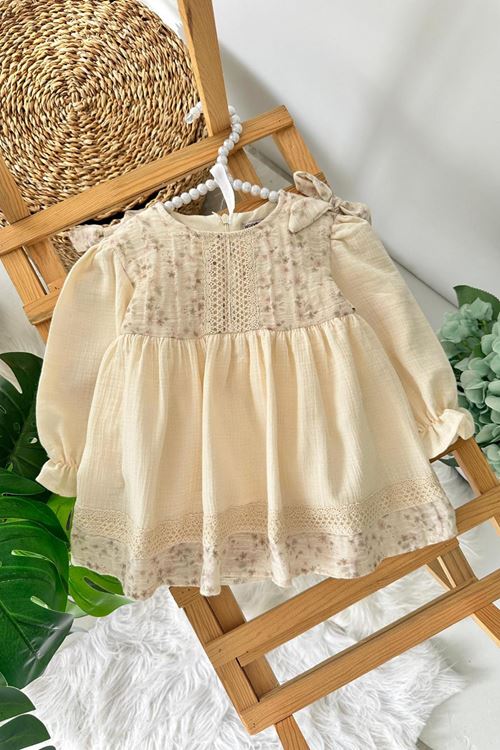 Miniğimin Cicileri (9-24 Ay) Çiçek Dokulu Vintage Müslin Yaka Detaylı Kız Bebek Elbise - Sütlü Kahve