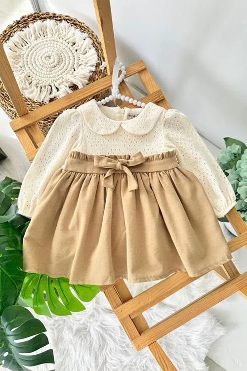 Miniğimin Cicileri (9-24 Ay) Brode Yakalı Fiyonk Kemerli Vintage Kız Bebek Elbise - Krem