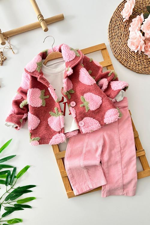 Miniğimin Cicileri Çilek Kürklü Kız Bebek 3 lü Takım - Pembe