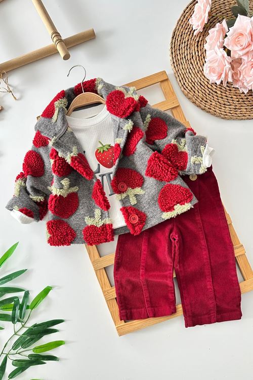 Miniğimin Cicileri Çilek Kürklü Kız Bebek 3 lü Takım - Kırmızı