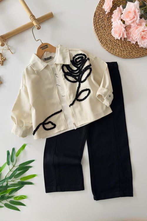 Miniğimin Cicileri Gül Desenli Ceketli 3 lü Takım - Krem