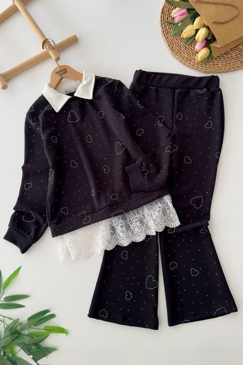 Miniğimin Cicileri (10-13 Yaş) Dantel Detaylı Kalp Taş Detaylı Kız Çocuk 2 li Takım - Siyah