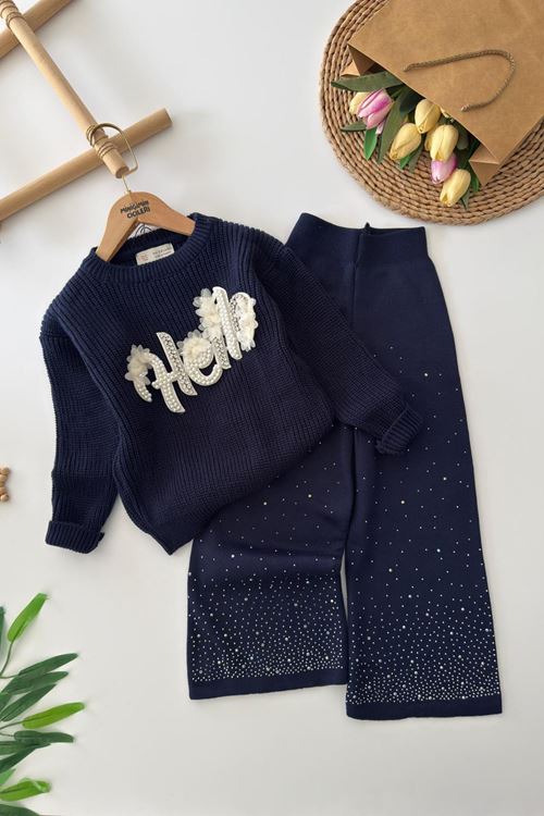 Miniğimin Cicileri Taşlı Hello Yazı Aplikeli Triko Kazaklı Kız Çocuk 2'li Takım - Lacivert