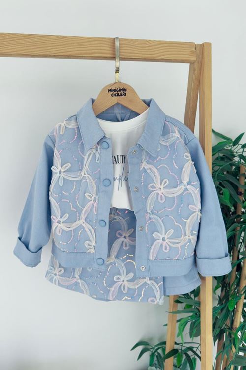 Miniğimin Cicileri Tül Çiçek Payet Detaylı Ceketli Kız Çocuk 3'lü Şort Etekli Takım - Mavi