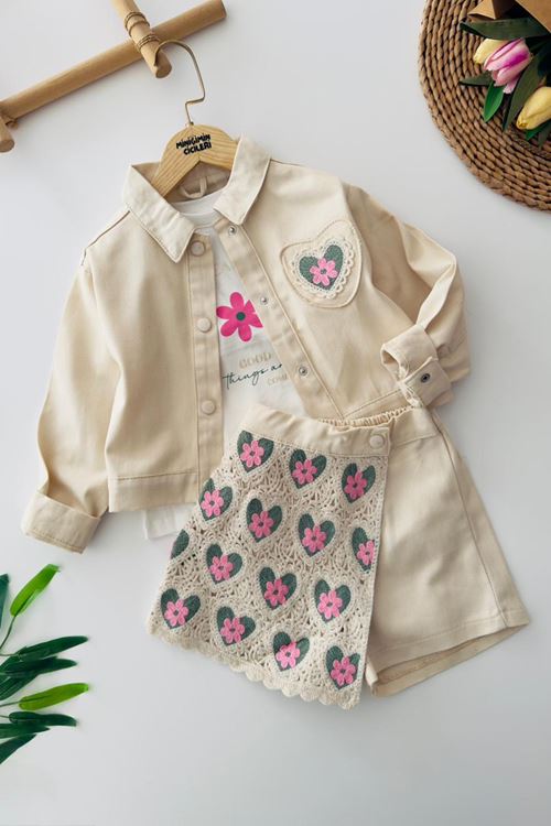 Miniğimin Cicileri Örgü Çiçek Desenli Şort Etekli 3 lü Takım - Krem