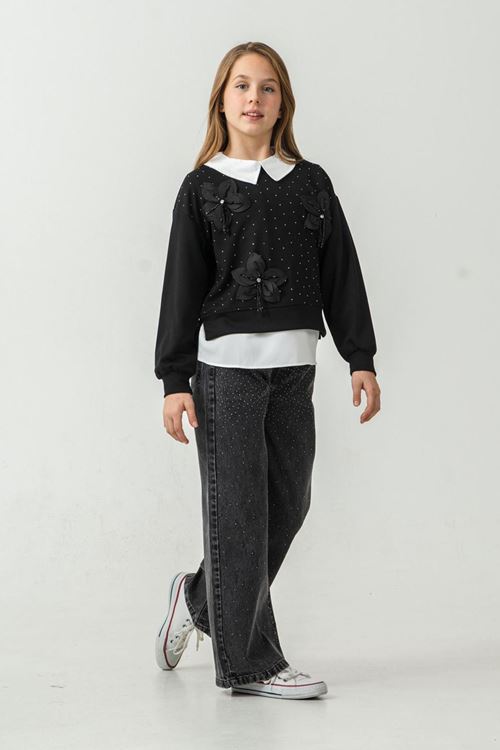 Miniğimin Cicileri (8-12 yaş) İncili Çiçek Aplikeli Yaka Detaylı Taşlı Kız Çocuk 3 lü Takım - Siyah