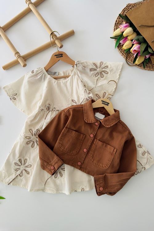 Miniğimin Cicileri Çiçek Nakışlı Elbiseli Ceketli Kız Çocuk 2'li Takım - Tarçın