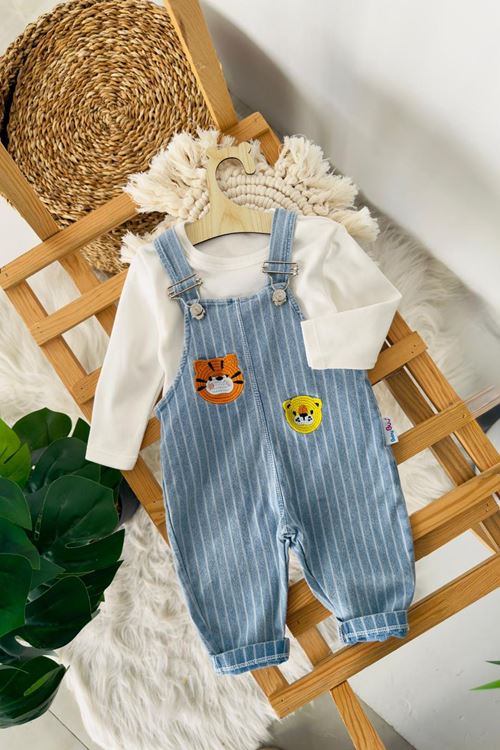 Miniğimin Cicileri Kaplan Figürlü Çizgili Erkek Bebek Bahçıvan Yumuşak kot Takım - Ekru