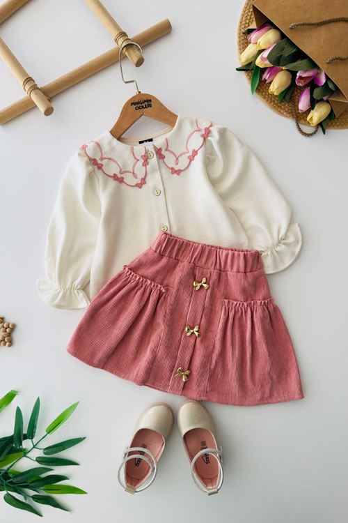 Miniğimin Cicileri Fiyonk Düğme Detaylı Kadife Etekli Kız Çocuk 2 li Takım - Gül Kurusu