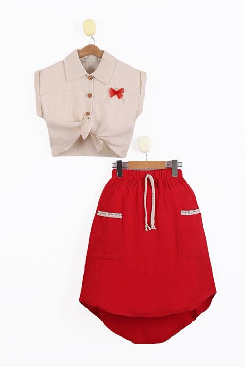 Miniğimin Cicileri Kız Çocuk Müslin Gömlek Asimetrik Etek Fiyonklu 2 li Takım - Kırmızı