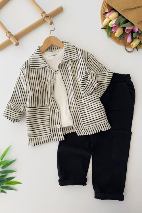 Miniğimin Cicileri Çizgili Triko Ceketli Basic Tişörtlü Erkek Çocuk 3'lü Takım - Siyah