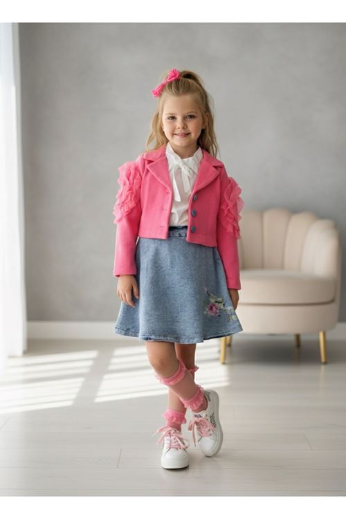 Miniğimin Cicileri Gül Baskılı Kot Etek Selanik Ceketli Kız Çocuk 3’lü Takım - Fuşya