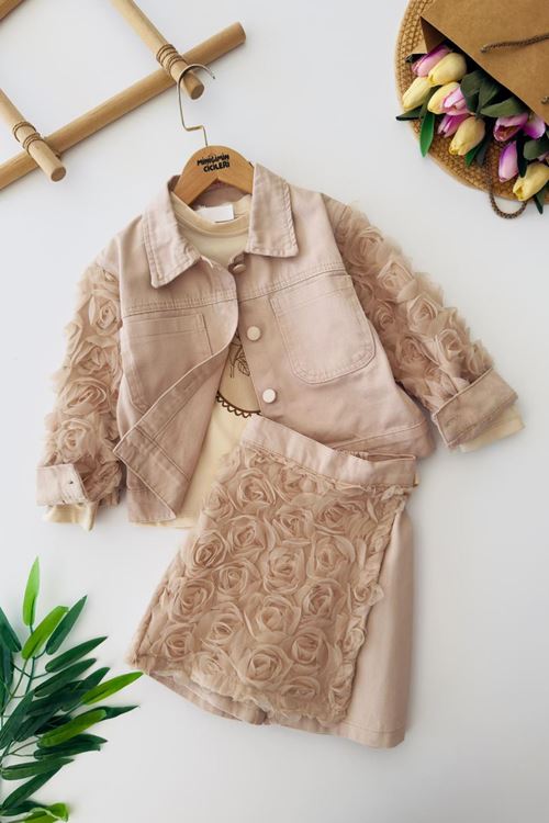 Miniğimin Cicileri Gül Aplike Detaylı Ceketli Kız Çocuk 3 lü Takım - Bej