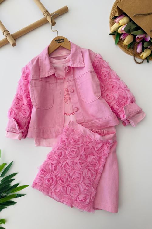Miniğimin Cicileri Gül Aplike Detaylı Ceketli Kız Çocuk 3 lü Takım - Pembe