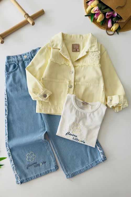 Miniğimin Cicileri Taşlı Papatya Detaylı Renkli 3 lü Kız Çocuk Takım - Sarı