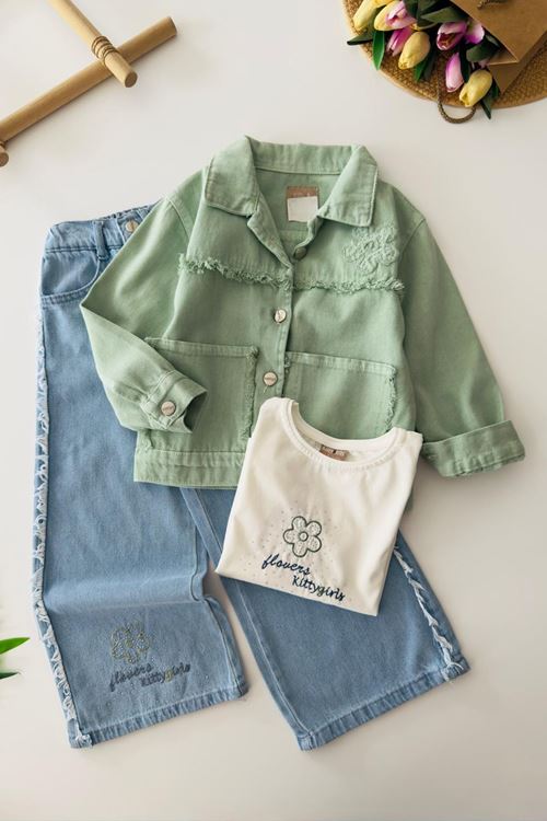 Miniğimin Cicileri Taşlı Papatya Detaylı Renkli 3 lü Kız Çocuk Takım - Yeşil