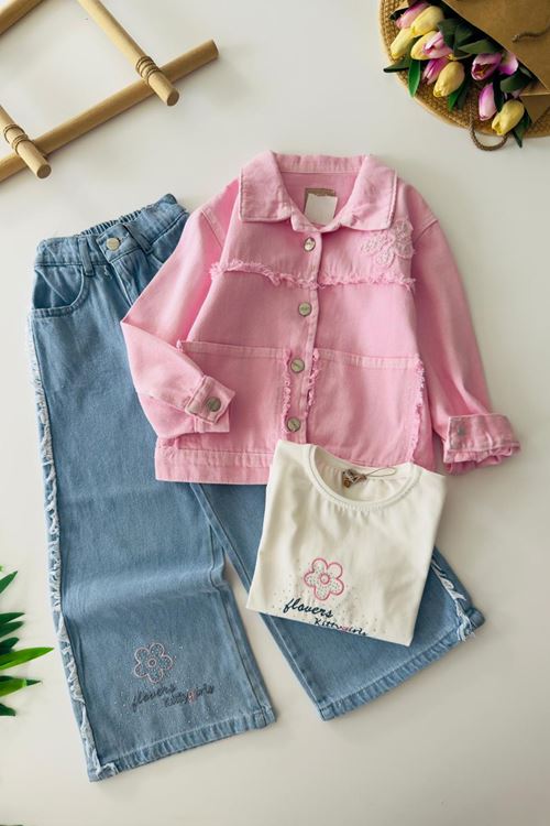 Miniğimin Cicileri Taşlı Papatya Detaylı Renkli 3 lü Kız Çocuk Takım - Pembe