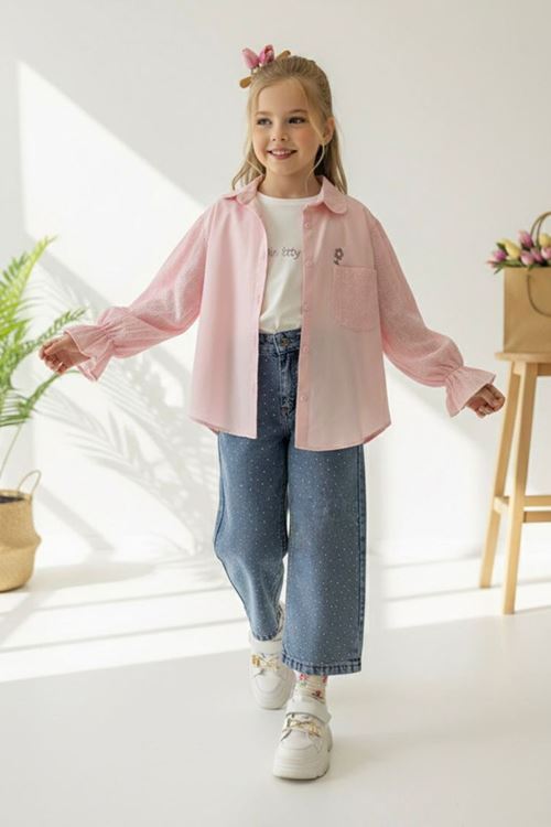 Miniğimin Cicileri Çiçek İşleme Detaylı Taşlı Kız Çocuk 3 lü Takım - Pembe