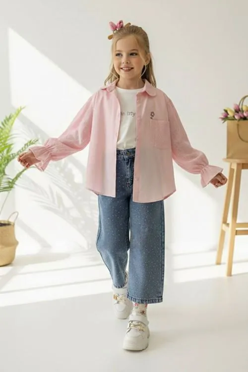 Miniğimin Cicileri Çiçek İşleme Detaylı Taşlı Kız Çocuk 3 lü Takım - Pembe