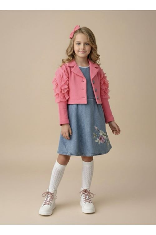 Miniğimin Cicileri Gül Baskılı Taş Detaylı Kot Elbise Selanik Ceketli Kız Çocuk 2’li Takım - Fuşya
