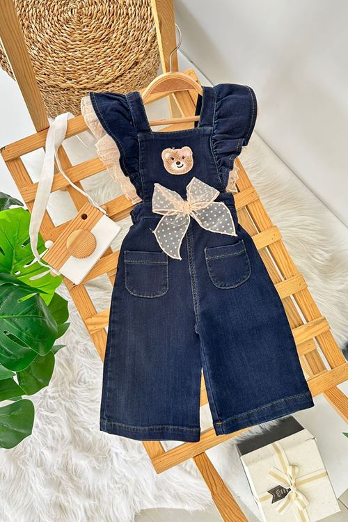 Miniğimin Cicileri Ayıcık Panç İşleme Fiyonk Detaylı Kız Çocuk Kot Salopet - Lacivert