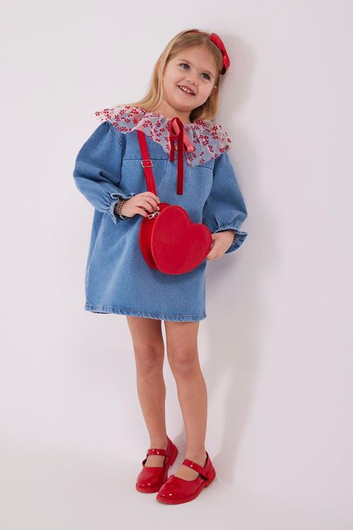 Miniğimin Cicileri Tül Yaka Detaylı Kız Çocuk Kot Elbise - Mavi