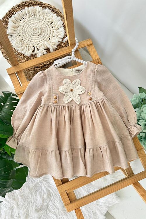 Miniğimin Cicileri (9-24 Ay) Çiçek Aplikeli Düğme Detaylı Kız Bebek Pamuklu Elbise - Pudra