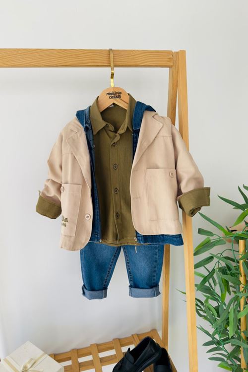 Miniğimin Cicileri Kot Yelekli Ceketli Erkek Çocuk 4 lü Takım - Bej