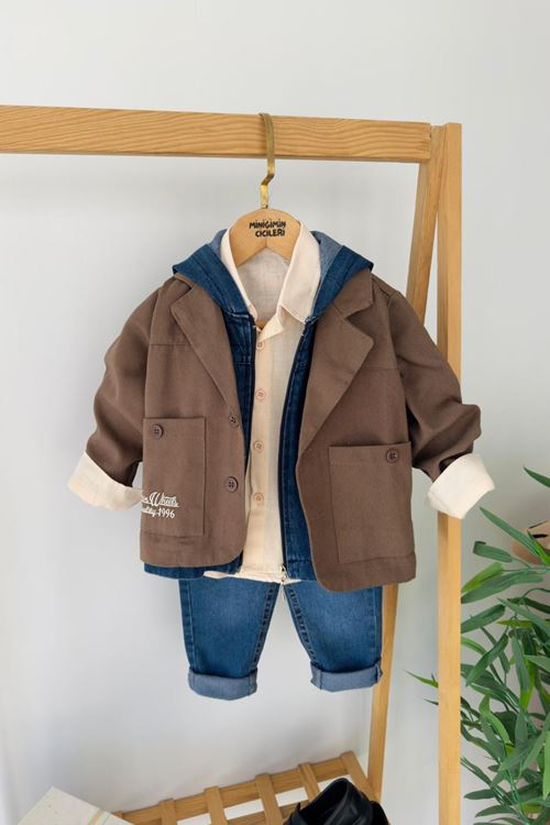 Miniğimin Cicileri Kot Yelekli Ceketli Erkek Çocuk 4 lü Takım - Koyu Kahve