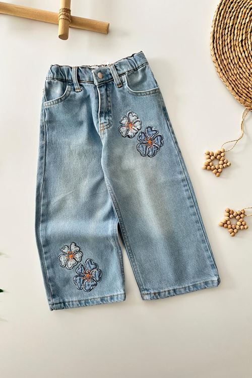 Miniğimin Cicileri Fiyonk İşleme Detaylı Kız Çocuk Kot Pantolon - Açık Mavi