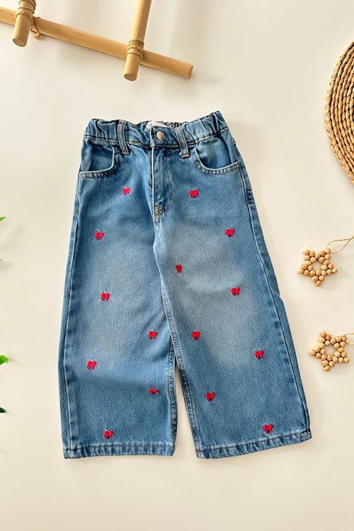 Miniğimin Cicileri Çiçek İşleme Detaylı Kız Çocuk Kot Pantolon - Mavi