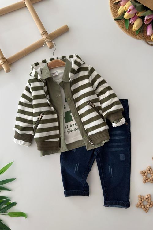 Miniğimin Cicileri Çizgili Triko Hırkalı Gömlekli Erkek Çocuk 4’lü Kot Takım - Yeşil