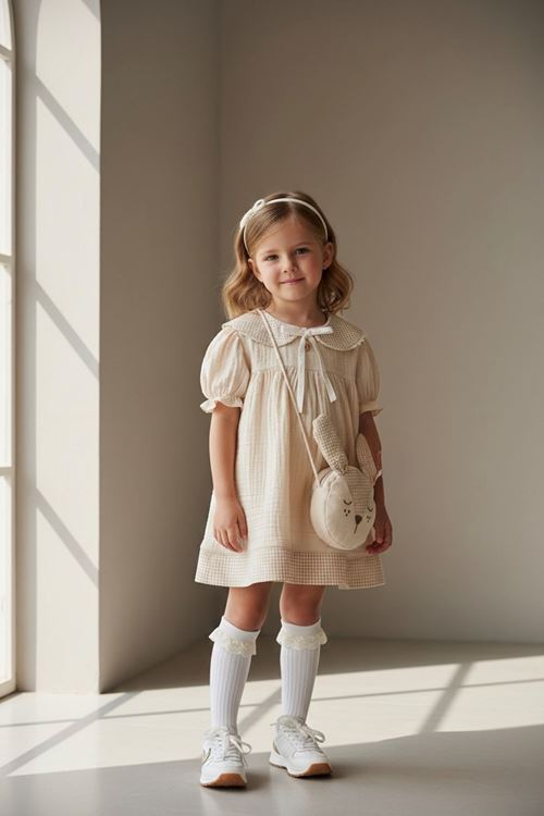 Miniğimin Cicileri Müslin Bebe Yaka Tavşan Çantalı Kız Çocuk Elbise - Bej