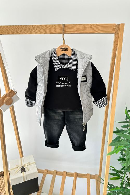 Miniğimin Cicileri Kapitone Yelekli Ekose Gömlek Detaylı Sweatshirtlü Kot Pantolonlu Erkek Çocuk 4’lü Takım - Gri