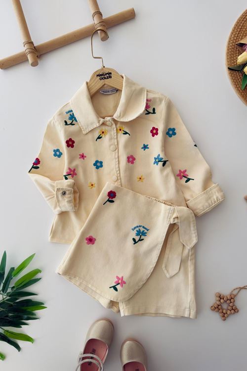 Miniğimin Cicileri Renkli Çiçek İşlemeli Ceketli Kız Çocuk 2 li Takım - Krem
