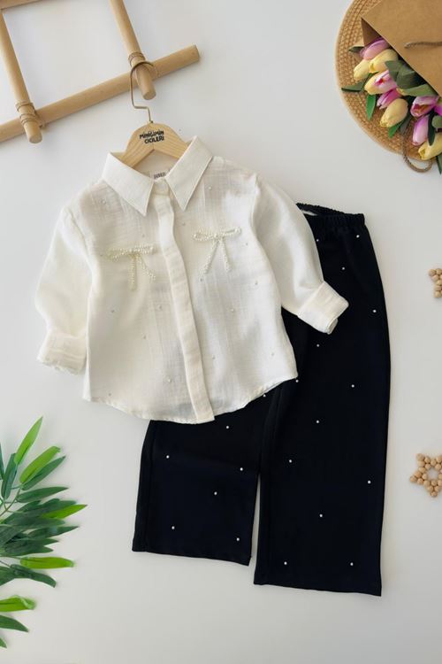 Miniğimin Cicileri İncili Müslin Gömlekli Kız Çocuk 2 li Takım - Beyaz