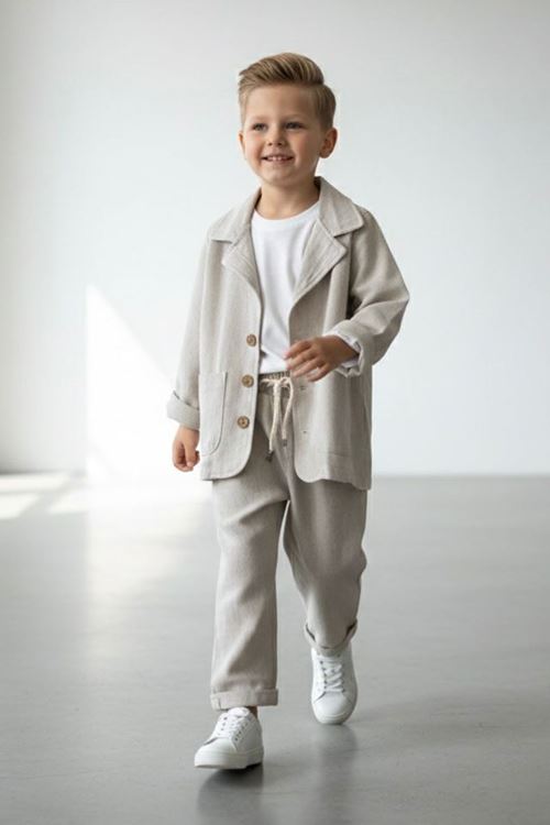 Minigimin Cicileri Minimal Keten Blazer Ceketli Lastik Bel Pantolonlu Erkek Çocuk 3'lü Takım - Bej