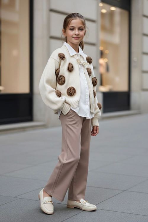 Miniğimin Cicileri 3D Gül Aplikeli Triko Hırkalı Gömlekli Kız Çocuk 3 lü Kombin Takım - Krem