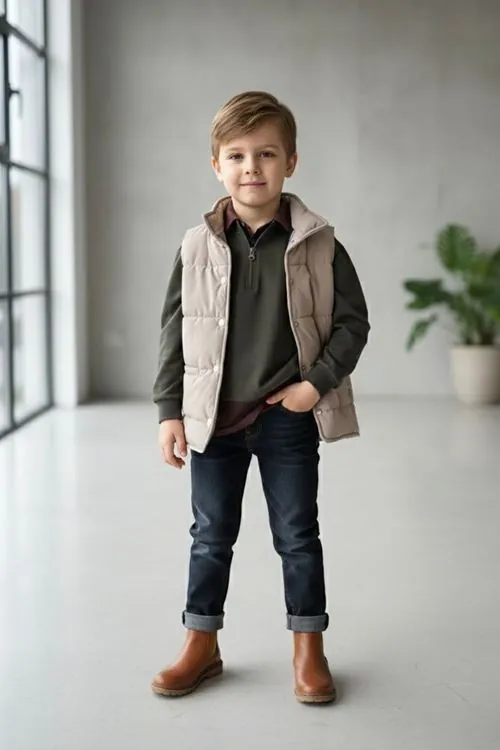 Miniğimin Cicileri Şişme Yelekli Yarım Fermuarlı Sweatshirt ve Kot Pantolon 4’lü Kombin - Bej
