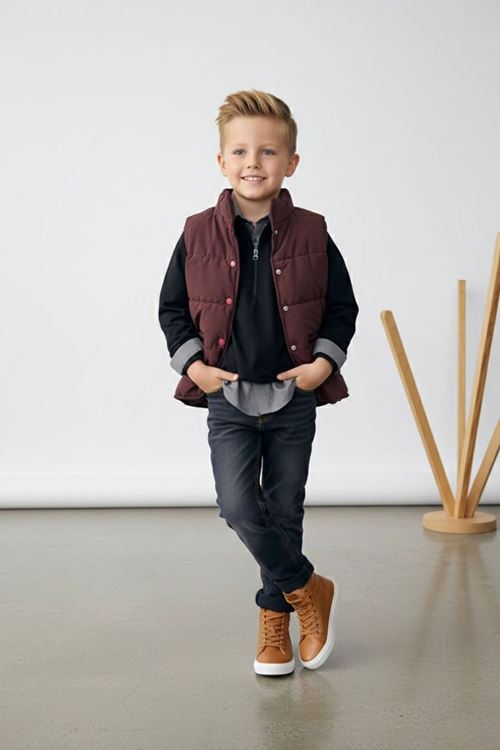 Miniğimin Cicileri Şişme Yelekli Yarım Fermuarlı Sweatshirt ve Kot Pantolon 4’lü Kombin - Bordo