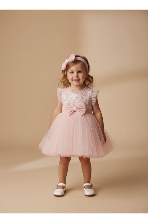 Miniğimin Cicileri Pul Detaylı Fiyonklu Bandalı Tütü Kız Bebek Elbise - Pembe