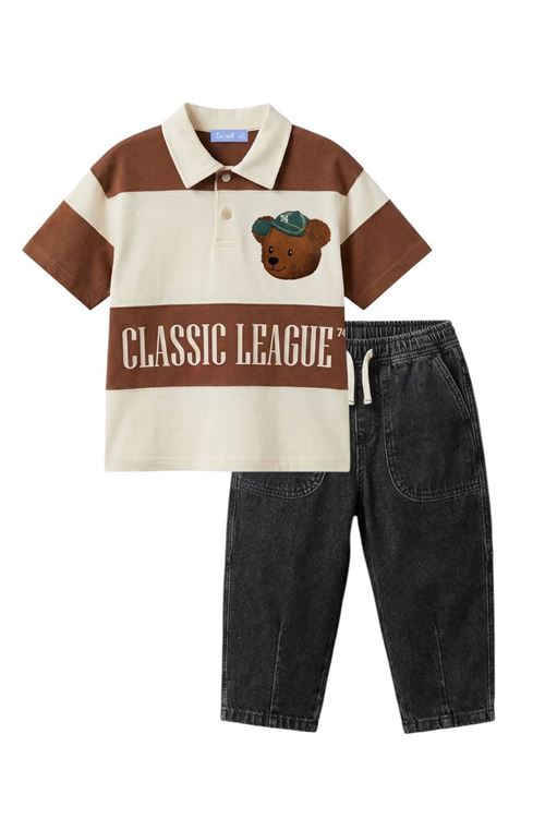Miniğimin Cicileri Çizgili Polo Yaka Ayıcık Baskılı Erkek Çocuk 2 li Takım - Kahverengi