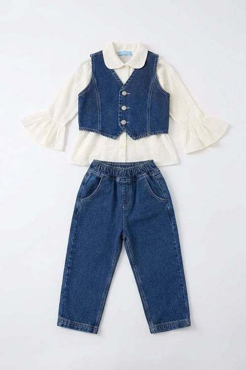 Miniğimin Cicileri Vintage Kot Yelekli Fırfır Kol Gömlekli Kız Çocuk 3’lü Jean Takım - Mavi