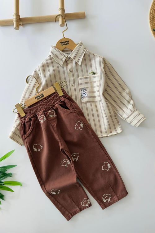 Minigimin Cicileri Snpyy İşleme Detaylı Erkek Çocuk Pamuklu 2 li Takım - Kahverengi