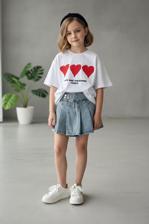 Miniğimin Cicileri Kalp Baskılı Kot Şort Etekli Kız Çocuk Oversize 2 li Takım - Beyaz