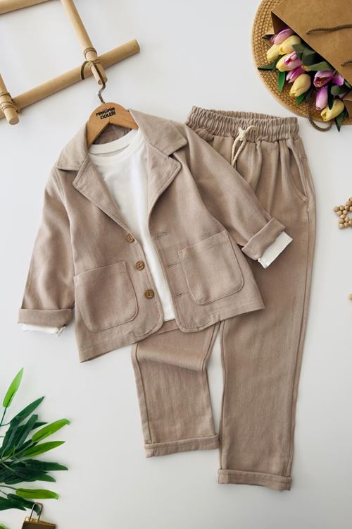 Minigimin Cicileri Minimal Keten Blazer Ceketli Lastik Bel Pantolonlu Erkek Çocuk 3'lü Takım - Vizon