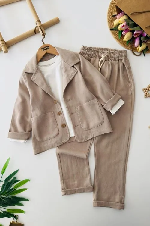 Minigimin Cicileri Minimal Keten Blazer Ceketli Lastik Bel Pantolonlu Erkek Çocuk 3'lü Takım - Vizon